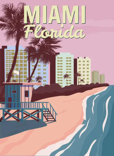 Vector illustration of Miami City Skyline, Retro Poster. Lifeguard house, coast, surf, ocean. Vector illustration vintage