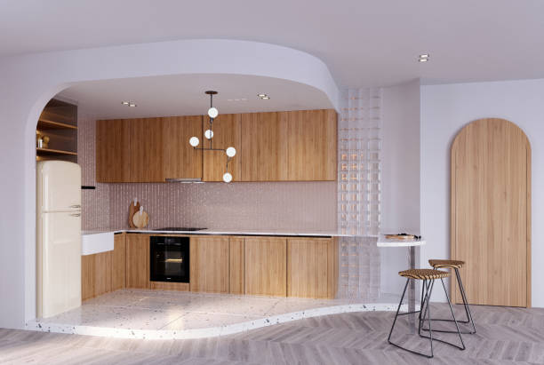 istock 3d rendering,3d illustration, Interior Scene and  Mockup,kitchen and dining corner,concrete floor,kitchen with white walls. 1460734873