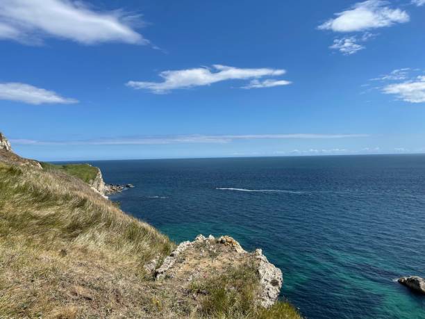 istock Beautiful seascape under a blue cloudy sky captured from a cliff 1460735063