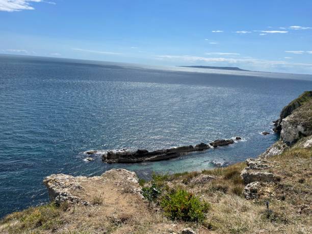 istock Beautiful seascape under a blue sky captured from a cliff 1460735064