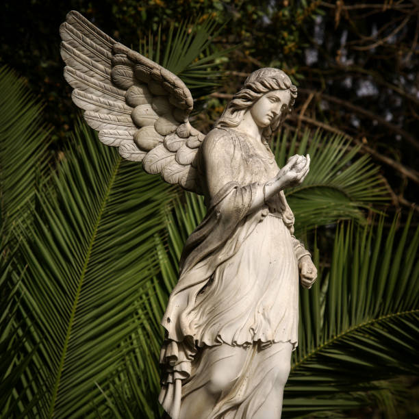 istock White angel statue with tropical trees on the background in the park 1460735297