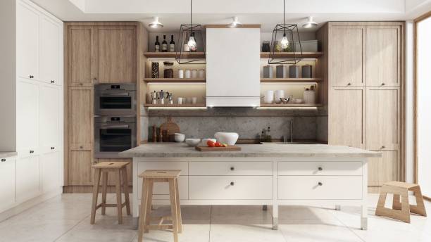 istock 3d rendered illustration of a kitchen interior with a large kitchen island 1460737347