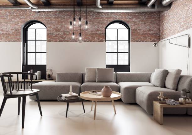 istock 3d rendered illustration of a loft, modern interior, living room with a comfortable sofa 1460737386