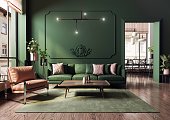 3d rendered illustration of a modern and spacious green living room with a comfortable sofa