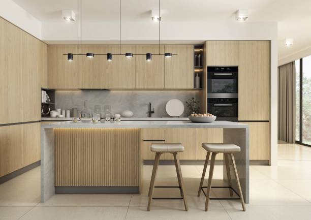 istock 3d rendered illustration of a modern spacious kitchen with a free-standing kitchen island 1460737599