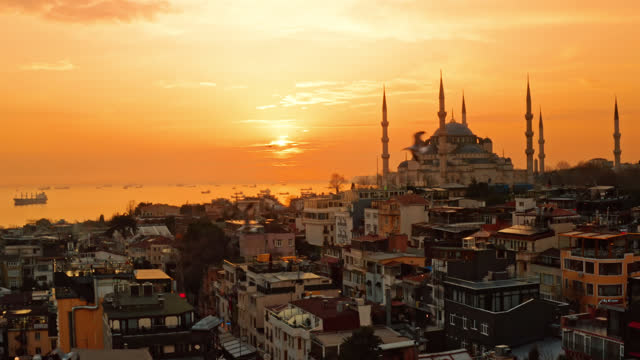 AERIAL View of the mosque and the city of Istanbul at golden sunset