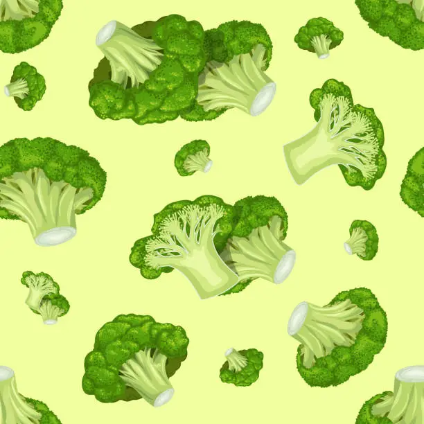 Vector illustration of Broccoli vegetables seamless pattern on light green background. Eco vegetables background. Best for menu vegan designs. Vector illustration.