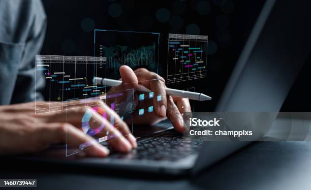 Analyst Working With Computer In Business Analytics And Data Management System To Make Report With Kpi And Metrics Connected To Database Corporate Strategy For Finance Operations Sales Marketing Stock Photo - Download Image Now