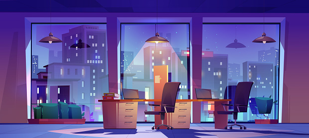 Night office, open space workplace interior with city view in wide floor-to-ceiling windows, glowing lamp over the tables, laptops, chairs and task board. Coworking area Cartoon vector illustration