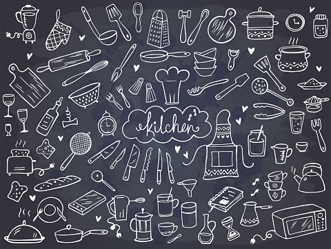 Set of doodle kitchen tools on chalkboard. Vector illustration. Perfect for wallpaper, pattern fills, textile, web page background, surface textures.