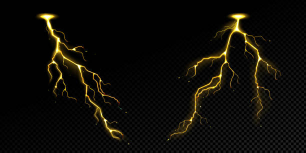 Lightning effect, thunderstorm, gold storm strikes Lightning effect, thunderstorm, gold or yellow electric thunderbolt storm strikes. Isolated powerful electrical discharge, bolt, impact, crack, magical energy flash, Realistic 3d vector illustration air attack stock illustrations