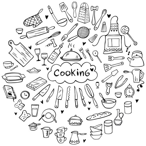 ilustraciones, imágenes clip art, dibujos animados e iconos de stock de juego de utensilios de cocina garabatos sobre fondo blanco. equipos de cocina doodle. ilustración vectorial. se puede utilizar para papel tapiz, rellenos de patrones, textiles, fondo de página web, texturas de superficie. - tienda de artículos de cocina