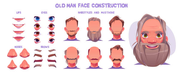 Old man face animation constructor, character kit Old man face animation constructor, cartoon elderly male character creation set with various hairstyles, eyes, noses, lips, eyebrows, beards or mustaches, isolated aged white personage, Vector kit long beard stock illustrations