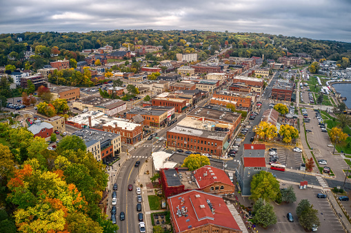 Aerial shot of Bangor, Maine on a cloudy day in Fall.