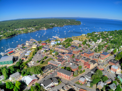 An aerial view of the city of Belfast in Maine, United States