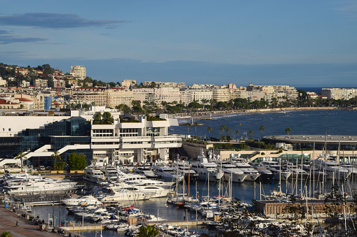 Cannes, France - November 4 2019: aerial panoramic view of the Old Port of Cannes, La Croisette, and coast.