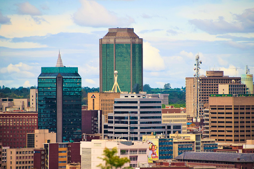 Harare,  Zimbabwe - December 22 2018: daytime view of Harare city centre office buildings and skyscrapers