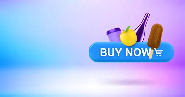 Vector illustration of Buy now button with meal. Vector 3d banner with copy space