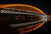 New Futuristic Troja Bridge (Trojsky Most) night view with lights, famous landmark in Prague, Czech Republic