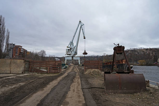 Historic crane for using for loading and unloading boats, industrial harbour in Holesovice, Prague, Czech Republic