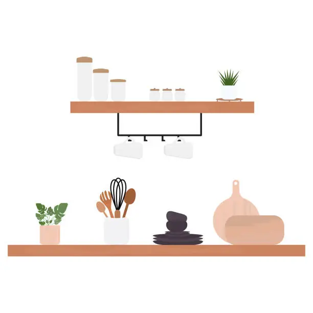 Vector illustration of Dishes on the shelves, plates, soup bowls, a set of cutlery, indoor green plants, cutting boards