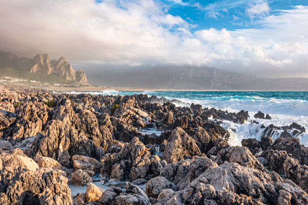 The beach at the El Bahira Campsite. The northern part of the Island of Sicily, around the Town of San Vito Lo Capo.