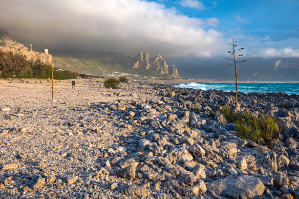 The beach at the El Bahira Campsite. The northern part of the Island of Sicily, around the Town of San Vito Lo Capo.
