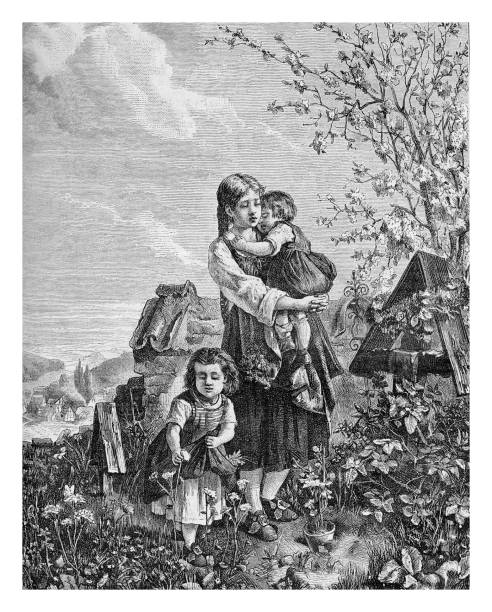 ilustrações de stock, clip art, desenhos animados e ícones de orfan girls visit the mother's grave, engraving from xix century - cemetery tombstone grave old