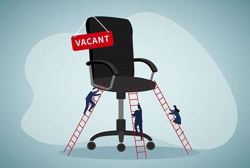 Candidates compete for job, career path or job promotion to be management, ladder of work success concept, ambitious businessperson climbing the ladder to management office chair with vacant sign.
