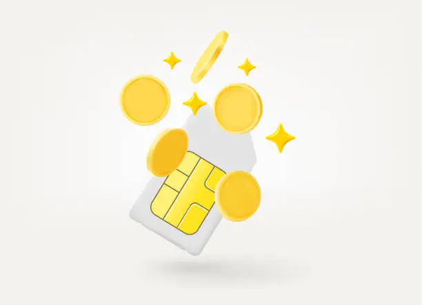 Vector illustration of Falling gold coins and mobile sim card isolated on white background. 3d vector illustration