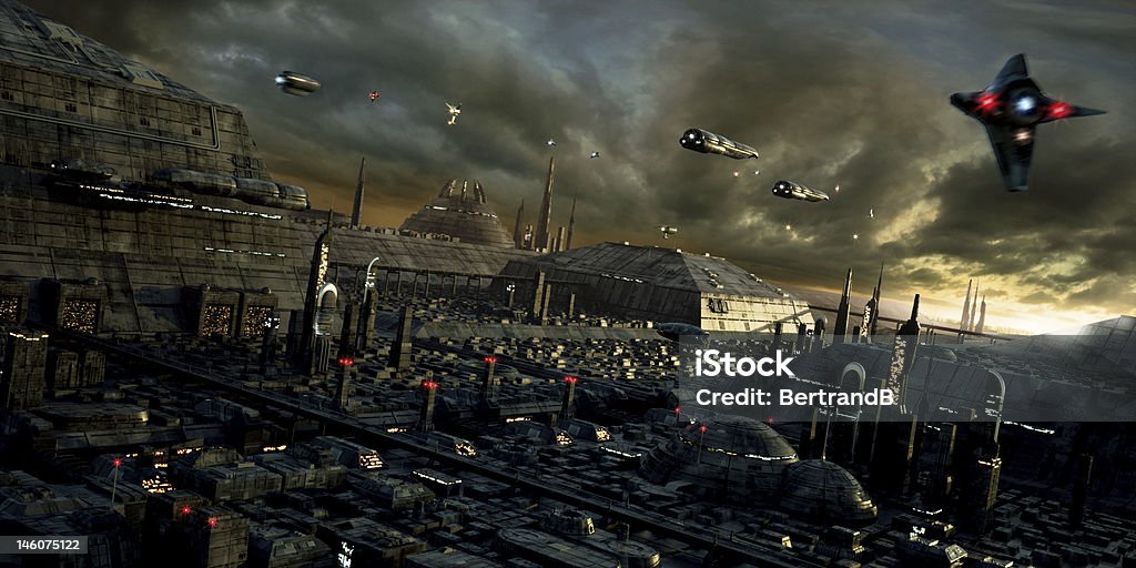 Science-fiction city and landscape Vast sci-fi vista with futuristic city Movie Stock Photo