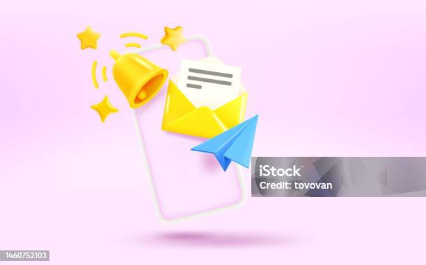 Phone 3d Vector Message Modern Smartphone With Letter Plane And Bell Receiving Message Concept ...