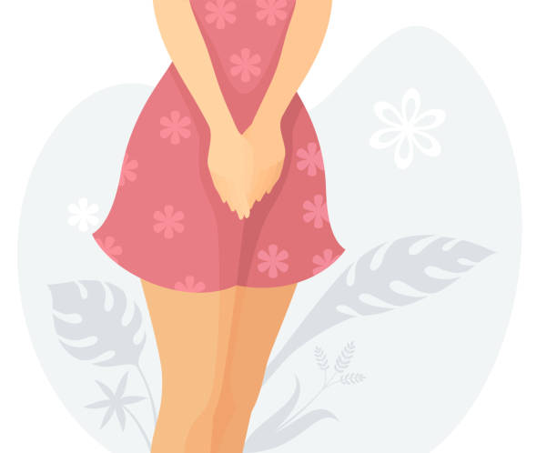 ilustrações de stock, clip art, desenhos animados e ícones de young woman wearing a dress. women's hygiene. menstruation period. menopause. urinary incontinence. - abdomen gynecological examination women loving