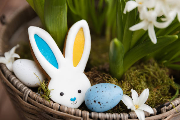 istock Easter bunny gingerbread cookie with ears yellow blue colored as Ukraine flag 1460753092
