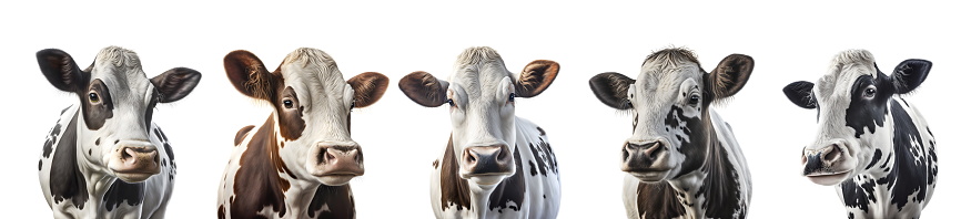 Beautiful cows on a white background. Farm Cow isolated on white, rural livestock black and white gentle surprised look, cattle portrait, copy space
