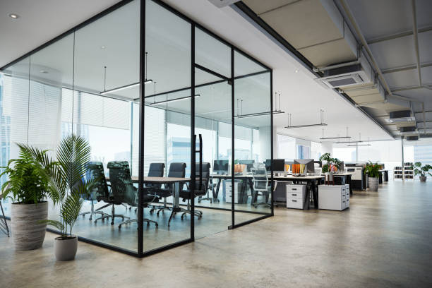 weißes farbthema modernes büro mit sichtbetonboden und viel anlage, 3d-rendering - office stock-fotos und bilder