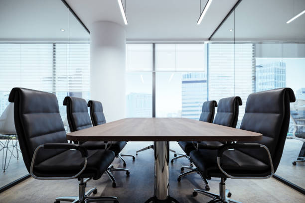 istock office meeting room with wide full window glass, 3d rendering 1460755340
