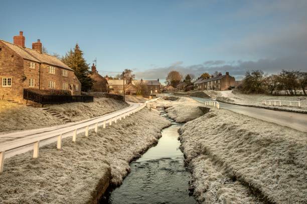 istock Flowing river surrounded by houses and snow 1460756651