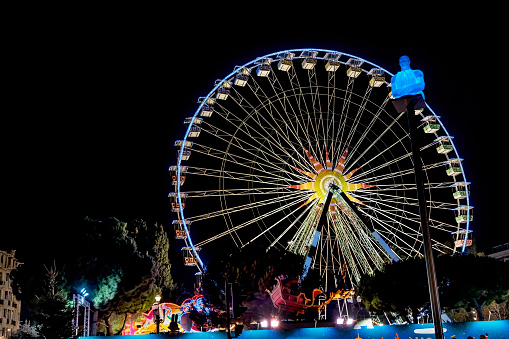Colorful Illuminated Ferris Wheel Christmas Holiday Park Decorations Cityscape Nice Cote d'Azur France