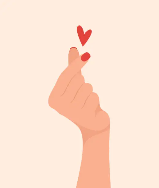 Vector illustration of Female hand showing heart or love sign with fingers. Vector illustration in flat style