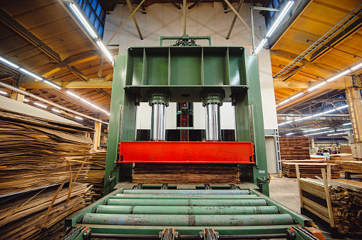 A large hydraulic press in the shop in the middle of the wood blanks presses the wood layers for the production of plywood