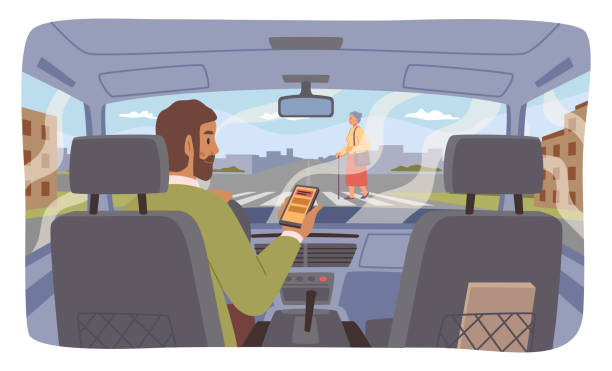 ilustraciones, imágenes clip art, dibujos animados e iconos de stock de el conductor distraído en el automóvil que mira la pantalla del teléfono inteligente no presta atención a la carretera con el peatón. viaje inseguro, tráfico peligroso. abuelita vectorial en carretera en estilo plano - driving text messaging accident car