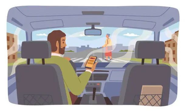 Vector illustration of Driver distracted in car looking at smartphone screen do not pay attention to road with pedestrian. Unsafe trip, dangerous traffic. Vector granny on road in flat style
