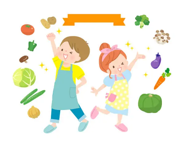 Vector illustration of Image illustration of children cooking and ingredients