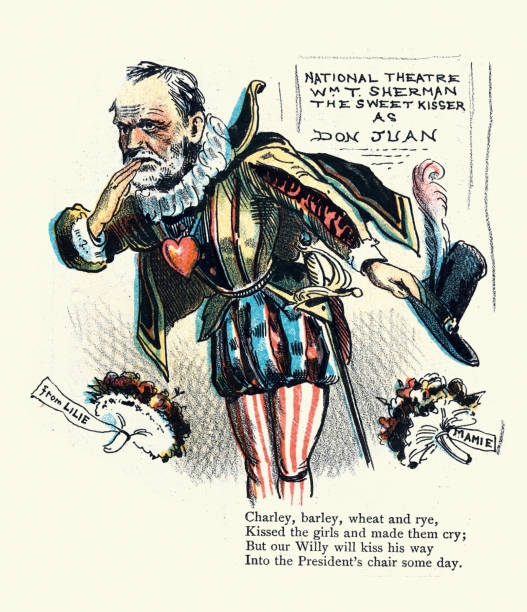 ilustrações, clipart, desenhos animados e ícones de william tecumseh sherman como don juan, caricatura de um político americano no período que antecedeu a eleição presidencial dos estados unidos de 1884 - president men cartoon old