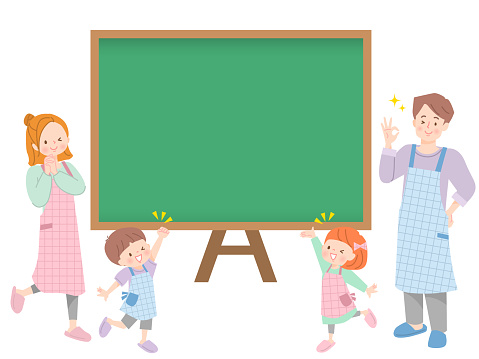 Illustration of family in apron and simple blackboard