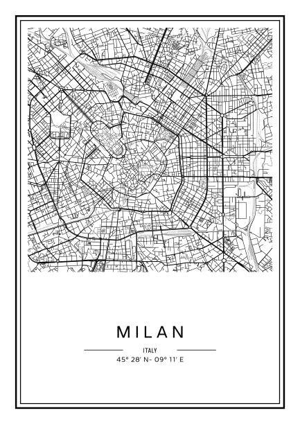 black and white printable milan city map, poster design, vector illistration. - milan stock illustrations
