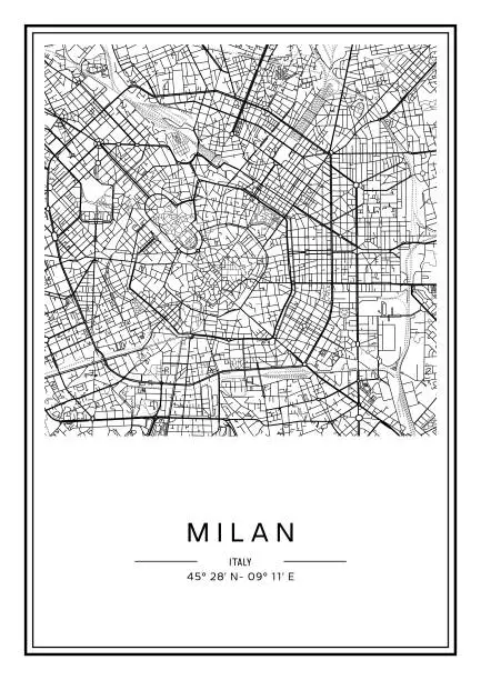 Vector illustration of Black and white printable Milan city map, poster design, vector illistration.