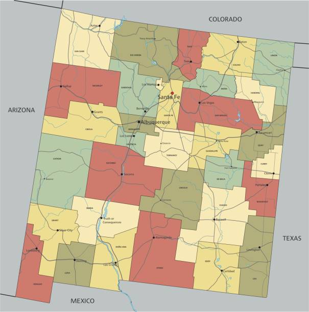 illustrazioni stock, clip art, cartoni animati e icone di tendenza di new mexico - mappa politica modificabile altamente dettagliata con etichettatura. - rio grande illustrations