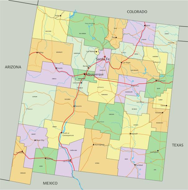 illustrazioni stock, clip art, cartoni animati e icone di tendenza di new mexico - mappa politica modificabile altamente dettagliata con etichettatura. - rio grande illustrations